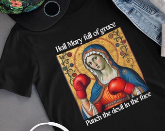 恵みに満ちたアヴェ・マリア、悪魔の顔を殴れTシャツ、カトリックのミームシャツ、司祭への贈り物、助祭のマドンナ、聖母マリア、イエスの母