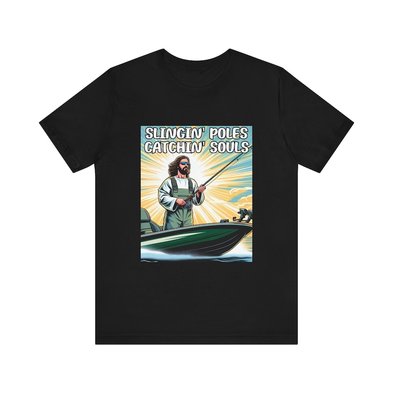 Funny Jesus Fishing T-Shirt Slingin' Poles Catchin' Souls Fisher of Men Church Camp Shirt Christian Youth Group Bass Fish Outdoor Tee image 7