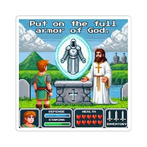 Pode incluir: Uma cena de videogame pixelada com um personagem em pé na frente de uma figura que usa uma armadura branca. O texto "Vista a armadura completa de Deus." está no topo da imagem. O personagem tem uma barra de saúde, uma barra de defesa, uma barra de resistência e um inventário.