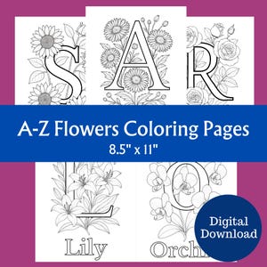 Alphabet floral à colorier de A à Z - Lettres florales uniques pour adolescents et adultes - Coloriage botanique à imprimer