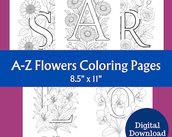 Floral Alphabet Coloring Pages A-Z: Botanical Letter Designs (PDF Downloadable)  Printable Coloring Page ABC Flowers Adult Coloring Pages