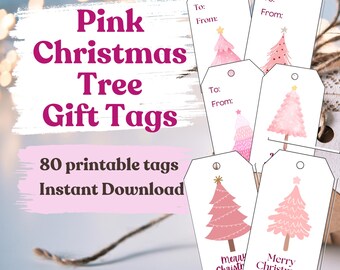 Pink Christmas Tree Gift Tags: 80 Printable Holiday Decor (Digital Download) Pink Holiday Labels