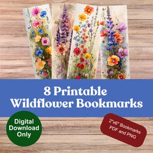 Printable Wildflower Watercolor Bookmarks | Set of 8 | Instant Download PDF & PNG | 2x6 Inch Bookmarks for 8.5x11 Cardstock