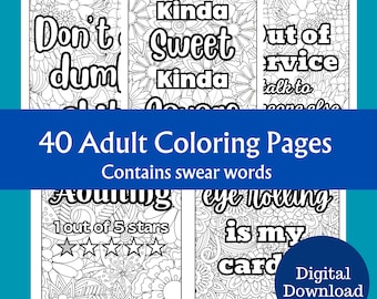 40 Ausmalbilder für Erwachsene - lustige Zitate, einzigartige Designs, sofort downloadbar