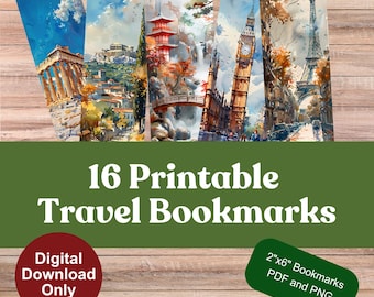 Aquarell Reise Lesezeichen: World Wahrzeichen Art (PDF & PNG) Digitaler Download Druckbares Lesezeichen Seitenmarkierung Bunte Seiten