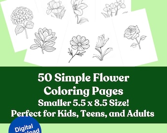 50 páginas para colorear de flores sencillas: diseños rápidos y fáciles (PDF) Páginas para colorear imprimibles Descarga digital Dibujos florales botánicos para colorear