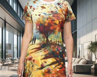 Impressionistischer Stil mit Naturmustern, stilvolles, einzigartiges und praktisches Damen-T-Shirt-Kleid (AOP), Geschenk zum Valentinstag