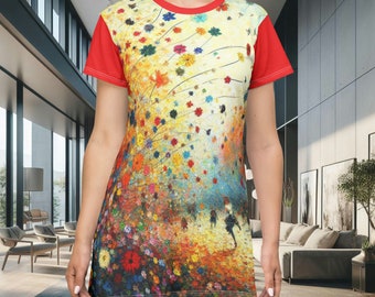 Impressionismus-Stil mit Naturmuster, stilvoll, einzigartig und praktischT-Shirt Kleid (AOP) Bunt, Roter Hintergrund, Geschenk zum Valentinstag