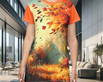 Impressionistischer Stil mit Naturmustern, buntes, stilvolles, einzigartiges und praktisches Frauen-T-Shirt-Kleid (AOP), Valentinstagsgeschenk