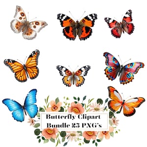 Botanischer Clipart Schmetterling PNG Sofortiger Download Kommerzielle Nutzung Clipart Bundle, druckbare Grafiken Blumenschmuck PNG Insekt Clipart