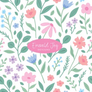 May include: A seamless floral pattern featuring various flowers and leaves in shades of pink, blue, and green on a white background. The design includes a variety of flower shapes and leaf styles. The text "Emerald Joy Designs" is in a pink oval.