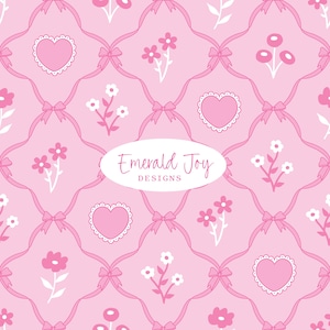 Valentines Pink Herz Schleife Blumengitter Nahtloses Wiederholungsmuster, Preppy Romantisches Kokette Stoffdesign (Digitaler Download)