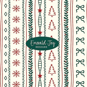Motif de répétition sans couture de rayures de Noël vintage, noeuds rouges et verts de vacances, arbre de Noël, conception de tissu de flocon de neige (téléchargement numérique)
