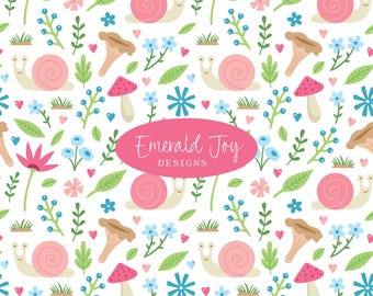 Spring Floral Snail Seamless Repeat Pattern, Preppy Mushroom CottageCore Garden Fabric Design (Digital Download)