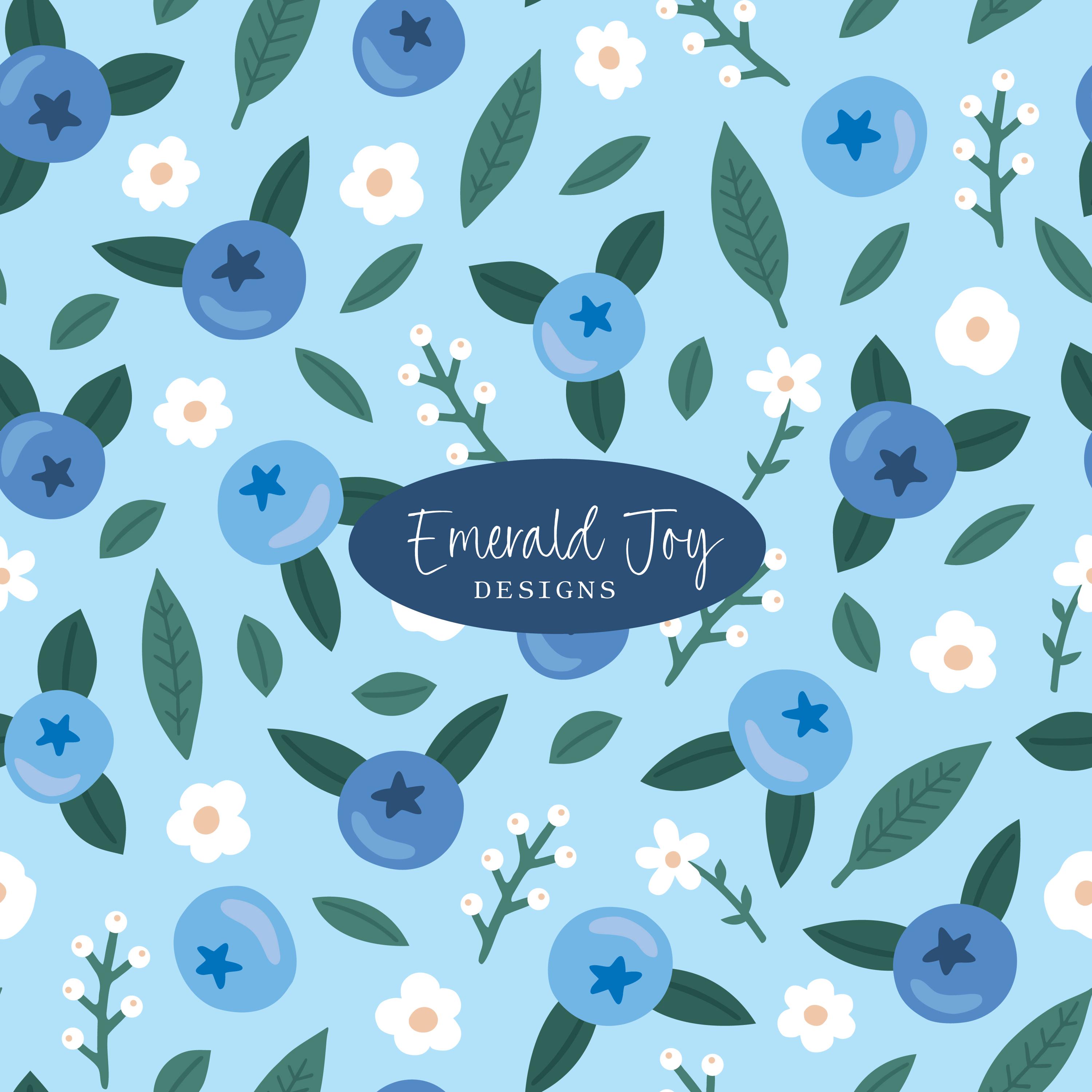 Blueberry Floral Seamless Pattern, Blue Ditzy Blueberry Pattern 