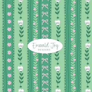 May include: A repeating pattern with vertical stripes in shades of green. The design includes white tulip-like flowers, pink bows, and small pink flowers. The text "Emerald Joy DESIGNS" is in a white oval in the centre of the image.