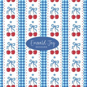 May include: A repeating pattern featuring red cherries tied with blue bows, alternating with blue and white gingham stripes. White scalloped borders with red dots and blue stars frame the design. The text "Emerald Joy Designs" is in a blue oval.
