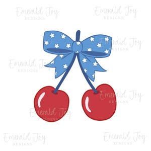 Puede incluir: Ilustración digital de dos cerezas rojas con un lazo azul con estrellas blancas. El lazo está atado en la parte superior, y las cerezas cuelgan debajo. El texto "Emerald Joy DESIGNS" se repite.