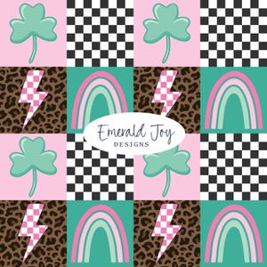 May include: A repeating pattern featuring light green shamrocks on pink squares, black and white checkerboard squares, brown leopard print squares with pink and white lightning bolts, and teal squares with pink and green rainbows. Text reads Emerald Joy DESIGNS.