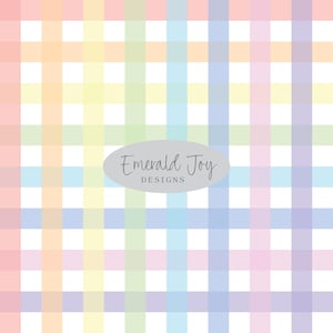 May include: A pastel plaid pattern in shades of pink, orange, yellow, green, blue, and purple. The design features intersecting vertical and horizontal stripes, creating a grid-like appearance. The text "Emerald Joy DESIGNS" is in a grey oval.