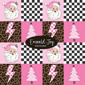 Può includere: Un motivo ripetitivo con illustrazioni di Babbo Natale con un cappello rosa, quadrati a scacchiera bianchi e neri, fulmini rosa su sfondo leopardato marrone e alberi di Natale rosa con un logo ovale scuro con la scritta Emerald Joy DESIGNS.