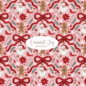 May include: A repeating pattern on a light pink background featuring illustrations of Santa Claus, gingerbread people, red bows, candy canes, red sleighs, poinsettias, and acorns. A white oval in the center displays the text Emerald Joy DESIGNS.
