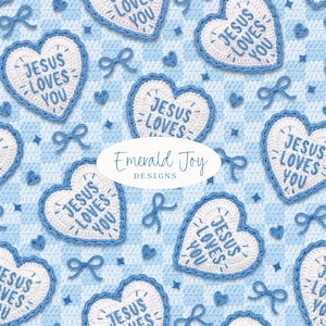 Jesus Loves You Seamless Repeat Pattern, Cute Christian Heart Coquette Blue Gingham Easter Fabric Design (Digital Download)
