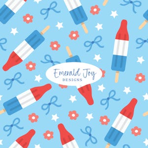 4th of July Popsicle Seamless Repeat Pattern, Patriotic Ice Cream Summer Floral Coquette Red White Blue Fabric Design (Digital Download)