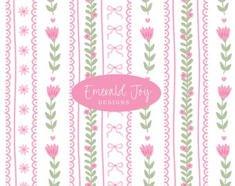 Könnte beinhalten: Ein sich wiederholendes Muster aus vertikalen rosa und grünen Streifen auf weißem Hintergrund. Das Design umfasst Blumen, Schleifen, Herzen und gewellte Linien. Der Text "Emerald Joy Designs" befindet sich in einem rosa Oval.