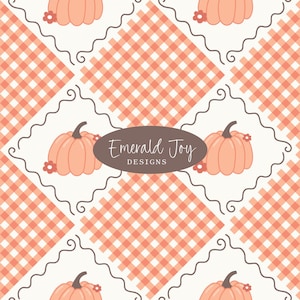 May include: A repeating pattern with peach-coloured pumpkins, small red flowers, and an orange and white gingham design. The pumpkins have dark stems and are set against a white background. The text "Emerald Joy Designs" is in a brown oval.