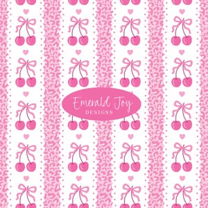 May include: A pink and white patterned design featuring cherries with bows, hearts, and leopard print stripes. The text "Emerald Joy Designs" is in a pink oval. This design is suitable for various products.