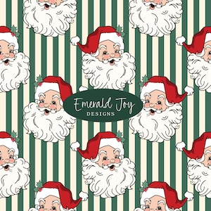 Puede incluir: Un patrón repetitivo con ilustraciones de cabezas de Papá Noel con barbas blancas y gorros rojos sobre un fondo de rayas verticales de color verde oscuro y crema. Un óvalo verde oscuro en el centro muestra el texto Emerald Joy DESIGNS.