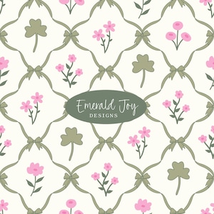 May include: A repeating pattern featuring pink flowers, green shamrocks, and bows on a cream background. The design includes the text "Emerald Joy DESIGNS" in a green oval.