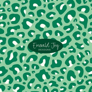 May include: A seamless pattern featuring a leopard print design in shades of green and white. The pattern is composed of irregular, rounded shapes resembling animal spots, set against a light green background. The text "Emerald Joy DESIGNS" is in a dark green oval.