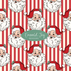 May include: A repeating pattern featuring illustrations of Santa Claus heads with white beards, red hats, and holly accents against a background of vertical red and cream stripes. A green oval overlay in the centre displays the text Emerald Joy DESIGNS.