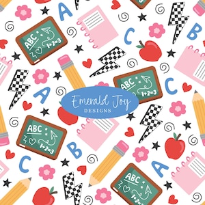 May include: A repeating pattern featuring green chalkboards with ABC and math text, pink spiral notebooks, yellow pencils, red apples, black and white checkered lightning bolts, pink flowers, blue letters, and hearts on a white background.