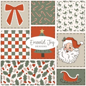 Puede incluir: Un collage digital de patrones e ilustraciones con temática navideña que incluye un lazo rojo, bastones de caramelo, renos, un tablero de ajedrez rojo y verde, una cara de Papá Noel, bayas de acebo y un trineo rojo, con el texto Emerald Joy DESIGNS.