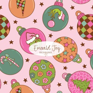 May include: A repeating pattern on a light pink background featuring various Christmas ornaments. Designs include a green hand holding a pink bauble, a green character in a Santa hat, a candy cane, a lightning bolt, flowers, stars, and a tree.