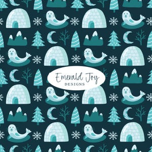 May include: A repeating pattern featuring igloos, seals, snowflakes, crescent moons, trees, and mountains in shades of teal and white on a dark teal background. The text "Emerald Joy Designs" is in a white oval.