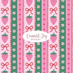 Strawberry Coquette Floral Stripes Seamless Repeat Pattern, Preppy Spring Summer Pink Fruit Daisy Bows Fabric Design (Digital Download)