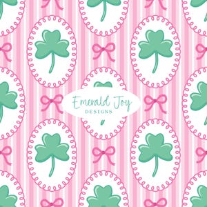 May include: A repeating pattern featuring light green three-leaf clovers centered within pink scalloped oval frames, interspersed with small pink bows on a background of vertical white and pink stripes. The text Emerald Joy DESIGNS is centered.
