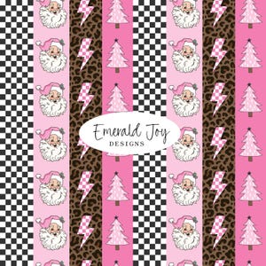 May include: A digital pattern featuring vertical stripes of black and white checkerboard, pink Santa Claus heads, pink lightning bolts on a brown leopard print, and pink Christmas trees. The text Emerald Joy DESIGNS is centred in an oval.