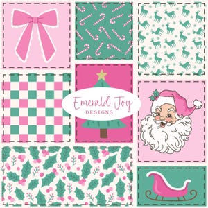 Puede incluir: Un collage digital de cuadrados con temática navideña que incluye un lazo rosa, bastones de caramelo, renos, un tablero de ajedrez rosa y verde, un logotipo central de Emerald Joy Designs con un árbol, Santa Claus, acebo y un trineo rosa.