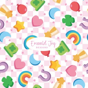 May include: A repeating pattern on a light pink and white checkered background featuring colorful icons of red balloons, green clovers, blue moons, yellow stars, rainbows, and purple horseshoes with the text Emerald Joy DESIGNS.