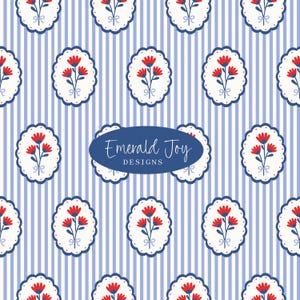 4th of July Floral Coquette Cameo Blue Striped Seamless Repeat Pattern, Preppy Patriotic Independence Day Fabric Design (Digital Download)