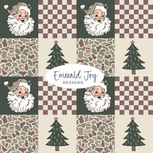 May include: A repeating pattern featuring illustrations of Santa Claus with a leopard print hat, dark green and brown checkered squares, camouflage-style patches, and dark green Christmas trees. The text Emerald Joy DESIGNS is centered.