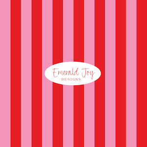 Op de afbeelding: Verticale strepen in rood en lichtroze bedekken de afbeelding. Een witte ovaal in het midden bevat de tekst "Emerald Joy DESIGNS" in een cursief lettertype. Het ontwerp is een herhalend patroon, geschikt voor diverse toepassingen.