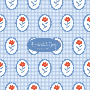 4th of July Floral Cameo Blue Gingham Seamless Repeat Pattern, Preppy Patriotic Red White Blue Stripes Fabric Design (Digital Download)