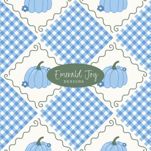 May include: A seamless pattern featuring light blue pumpkins with green stems and small blue flowers. The pumpkins are set against a white background with a blue gingham pattern. The text "Emerald Joy DESIGNS" is also present.