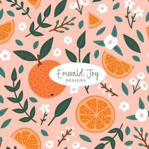 Patrón floral sin costuras con cítricos naranjas, estampado de frutas y flores, diseño de tela con estampado de frutas de verano (descarga digital)